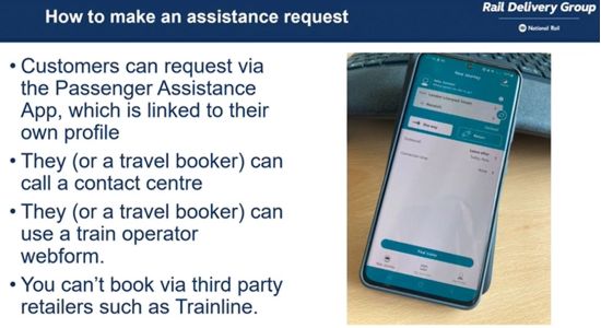 Slide showing mobile phone screen with Passenger Assistance app on it