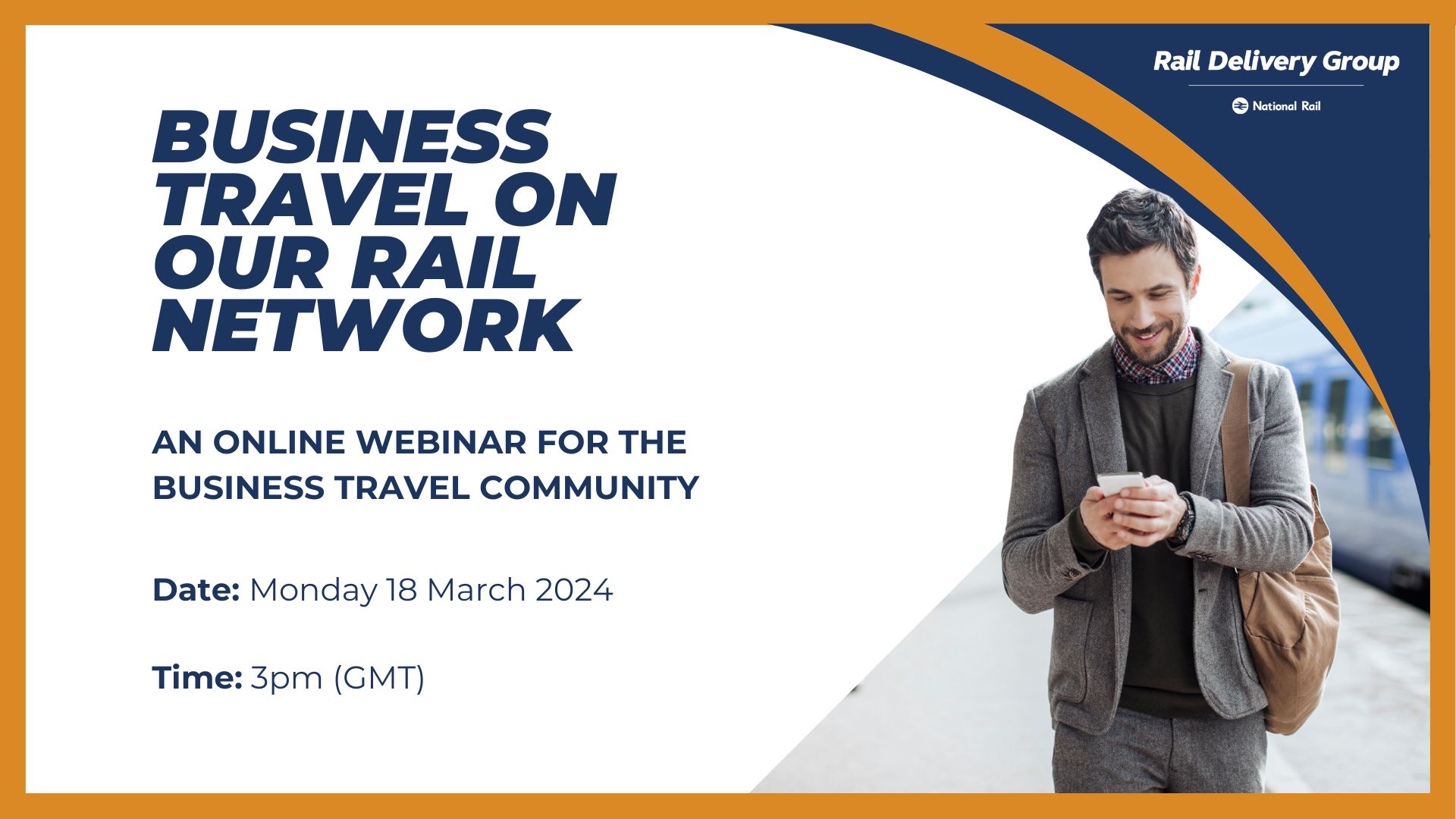 Infographic showing a business man walking in a train station on his phone. Title says 