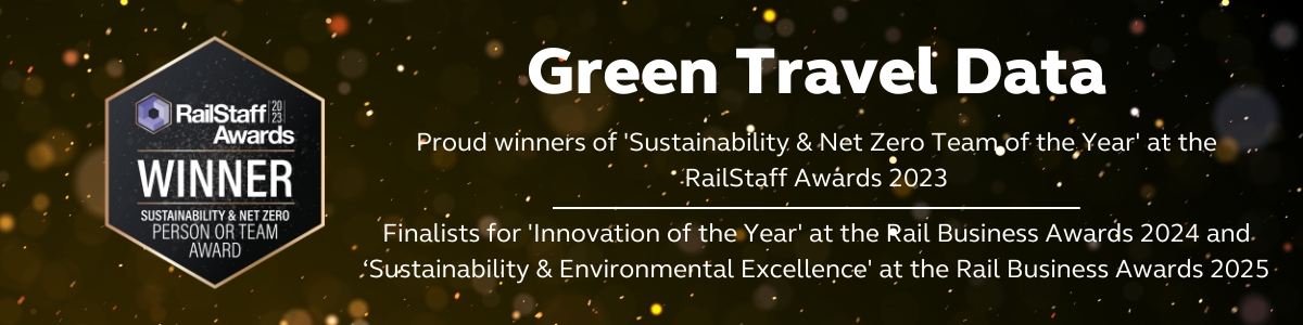 Image of award with text saying Green Travel Pledge: Proud winners of Sustainability & Net Zero Team of the Year at the Rail Staff Awards 2023 and finalists for Innovation of the Year at the Rail Business Awards 2024 and Sustainability and Environmental Excellence in 2025.