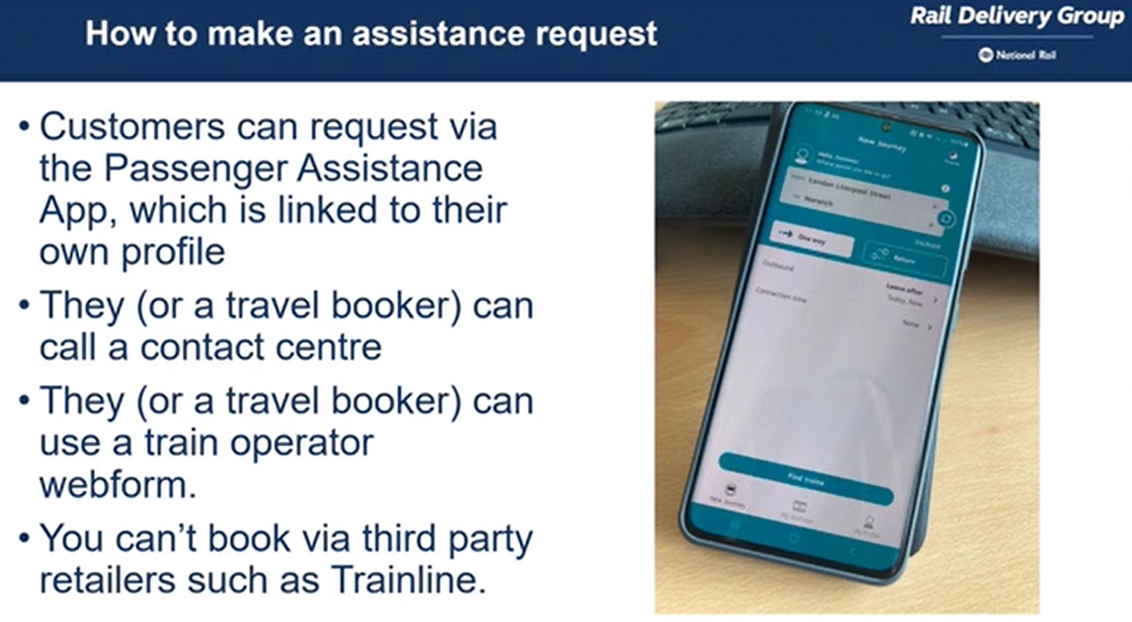 Slide showing mobile phone screen with Passenger Assistance app on it