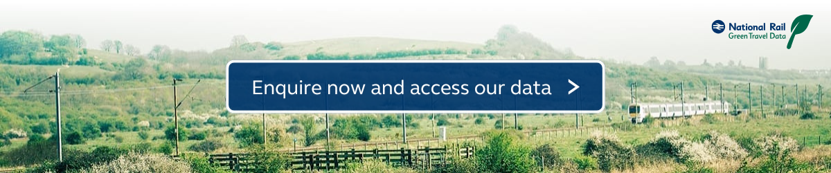 Image of a train moving through lush green fields, with a prominent call-to-action box encouraging users to email for access to Rail Delivery Group's Green Travel Data.to data.