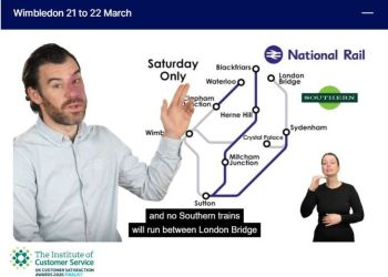 Presenter points to a rail disruption map for Wimbledon (21–22 March) showing route changes and “Saturday Only” services on the National Rail network.
A sign language interpreter appears beside him, with captions noting no Southern trains between London Bridge; UK Customer Satisfaction Awards finalist logo shown.