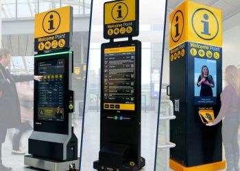 Three Welcome Point kiosks at rail stations showing accessible design features, including BSL translation and tactile controls.
Passengers use the units to access travel information and request assistance.